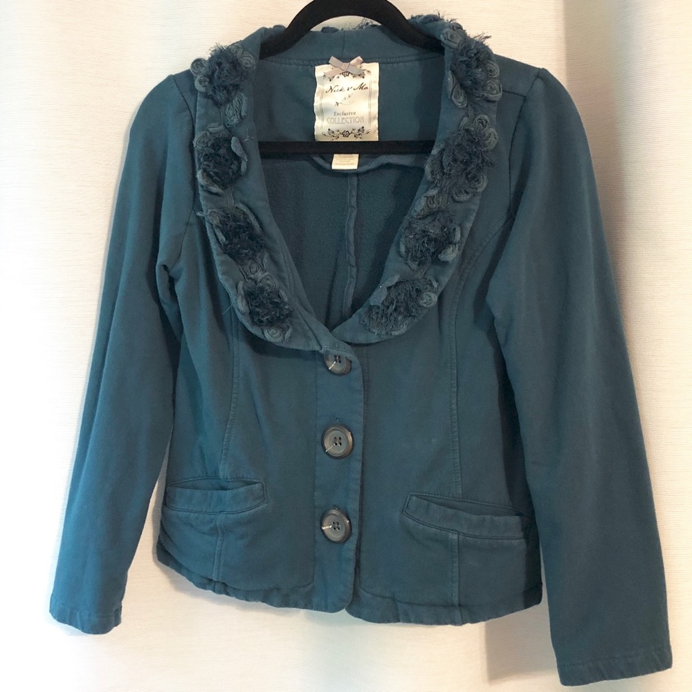 Emerald green blazer with fabric flower details